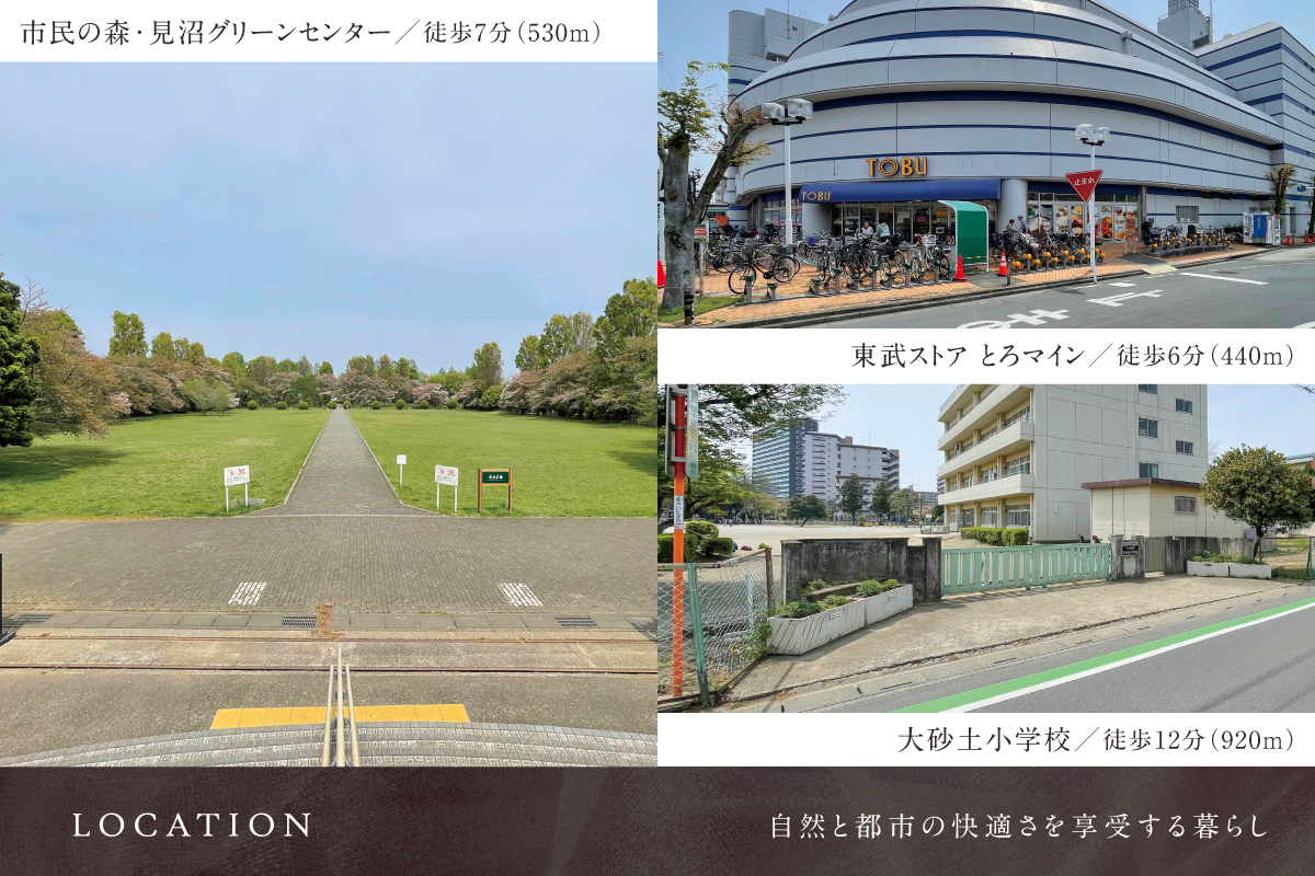 現地からの距離は各施設から最も遠い区画を起点とした地図上の概則です。徒歩分数は80m=1分で換算、端数は切り上げています。