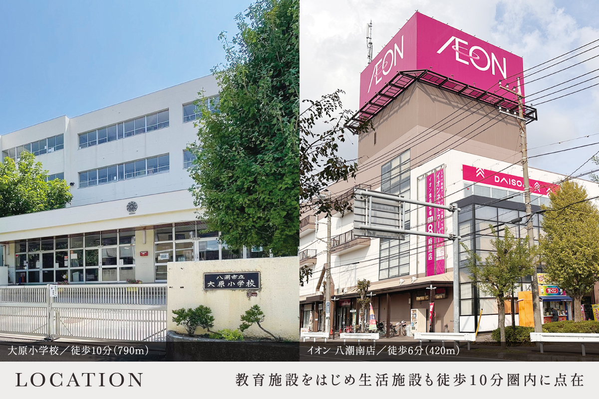 現地からの距離は各施設から最も遠い区画を起点とした地図上の概測です。徒歩分数は80m=1分で換算、端数は切り上げています。