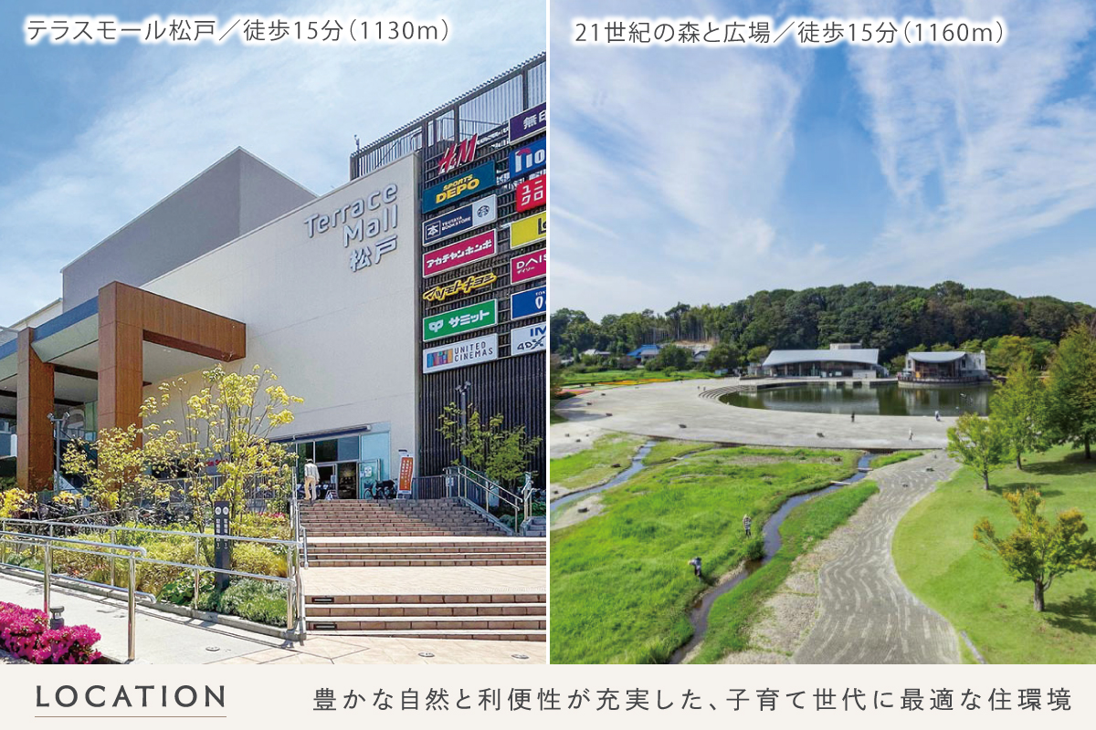 現地からの距離は各施設から最も遠い区画を起点とした地図上の概測です。徒歩分数は80m=1分で換算、端数は切り上げています。