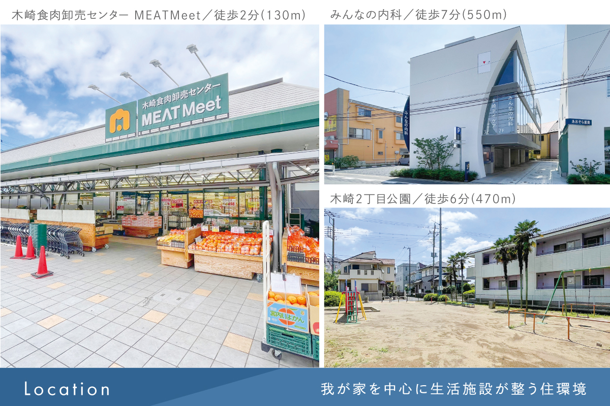 現地からの距離は各施設から最も遠い区画を起点とした地図上の概測です。徒歩分数は80m=1分で換算、端数は切り上げています。