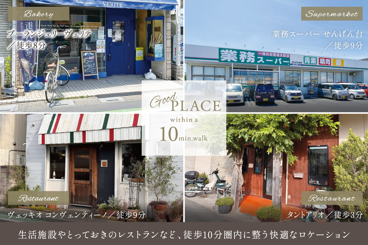 現地からの距離は各施設から最も遠い区画を起点とした地図上の概測です。徒歩分数は80m=1分で換算、端数は切り上げています。