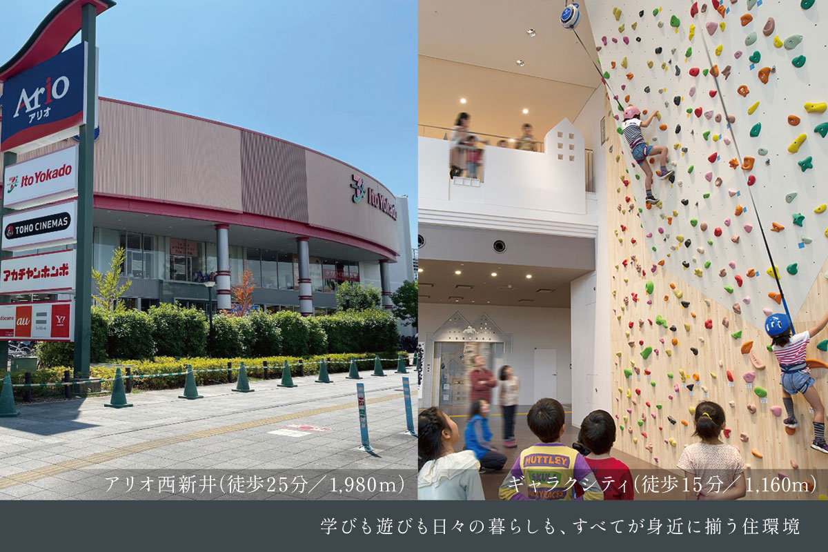 現地からの距離は各施設から最も遠い区画を起点とした地図上の概測です。徒歩分数は80m=1分で換算、端数は切り上げています。