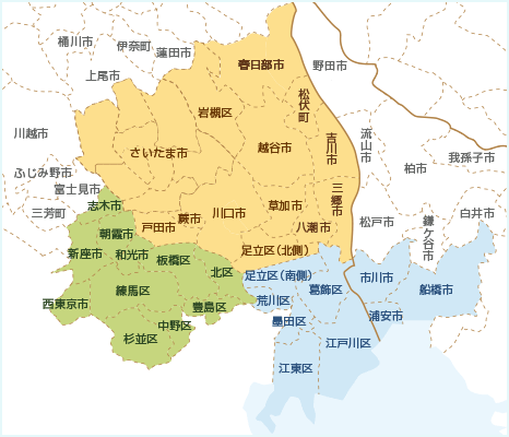 埼玉東部・南部、都内城東・千葉、都内城西・城北の地図